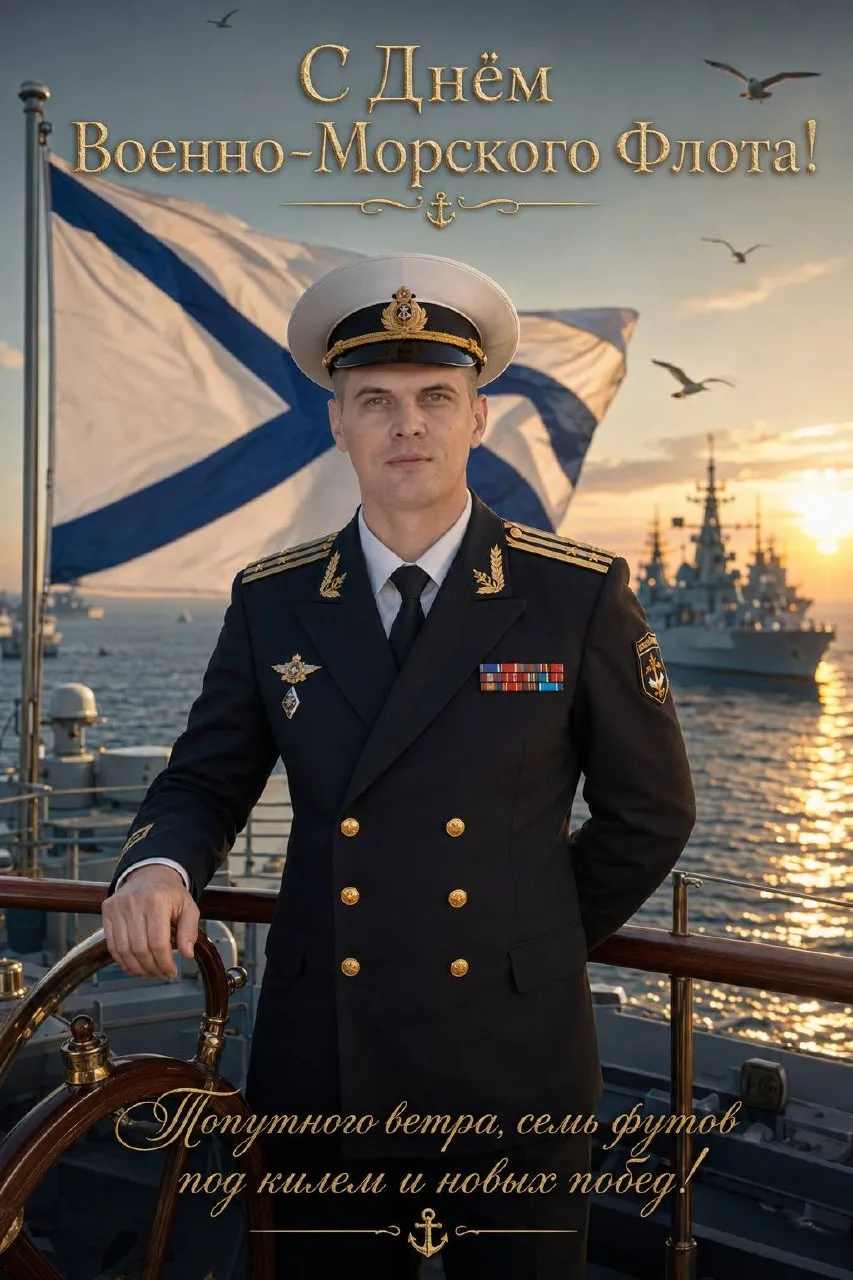 ⚓️ Парадная открытка ко Дню ВМФ

Торжественный кадр в форме на палубе корабля с готовой поздравитель