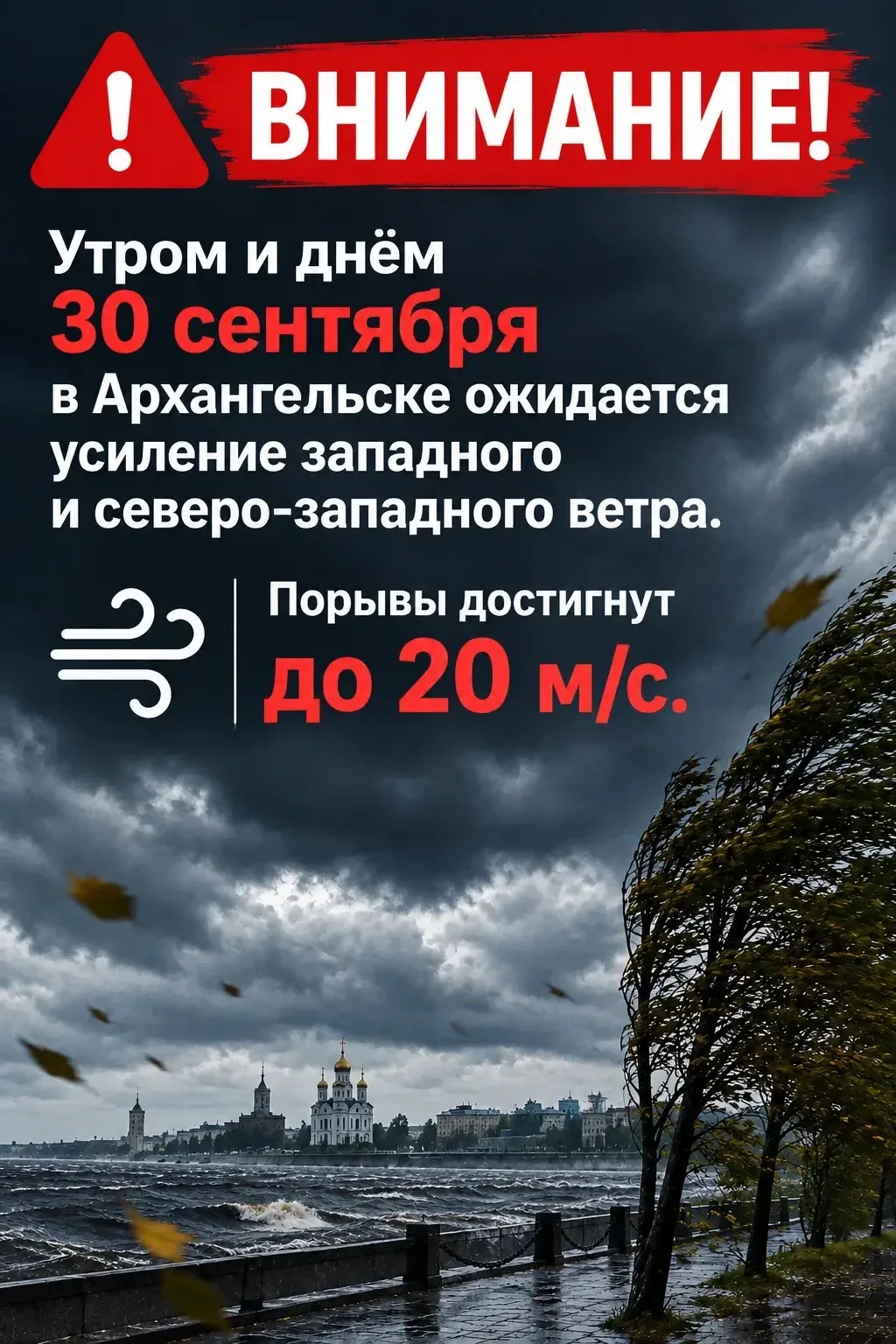 ️ Утром и днём 30 сентября в Архангельске ожидается усиление ветра.