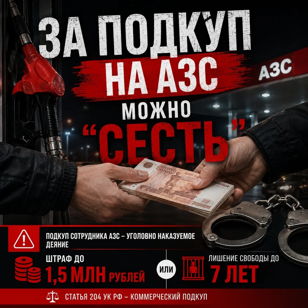 Россиян могут штрафовать или сажать в тюрьму за попытку подкупа сотрудников АЗС, предуп...