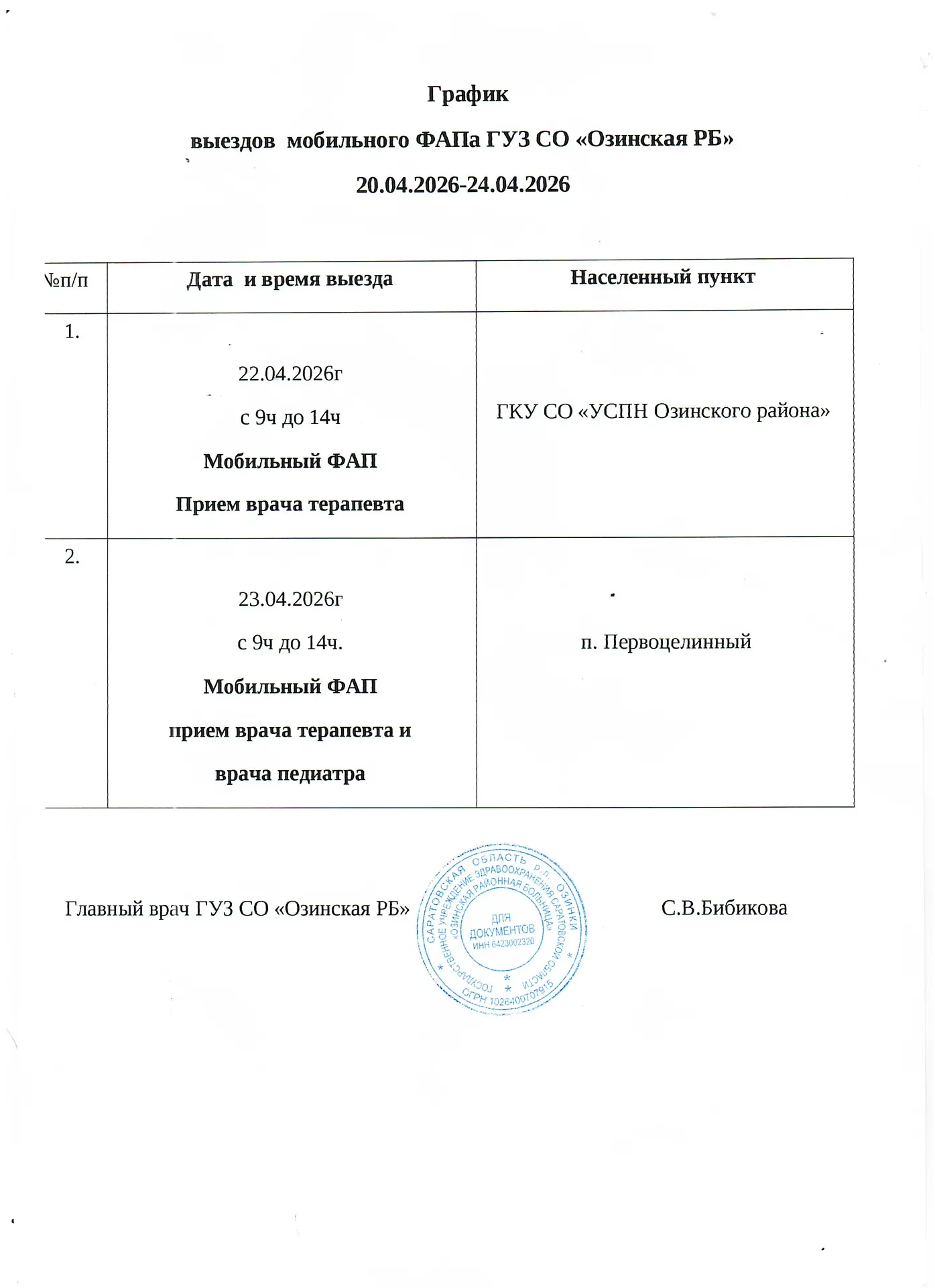 График работы мобильного ФАПа ГУЗ СО «Озинская РБ» на следующую неделю.