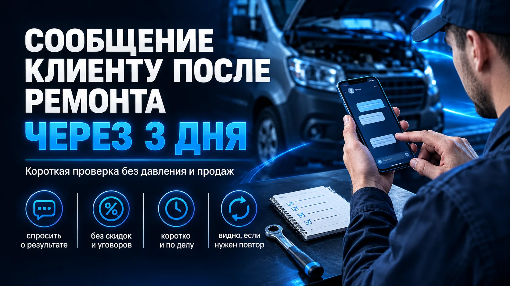 Через 3 дня после ремонта клиенту лучше написать коротко и спокойно. Не звонок, не длин...