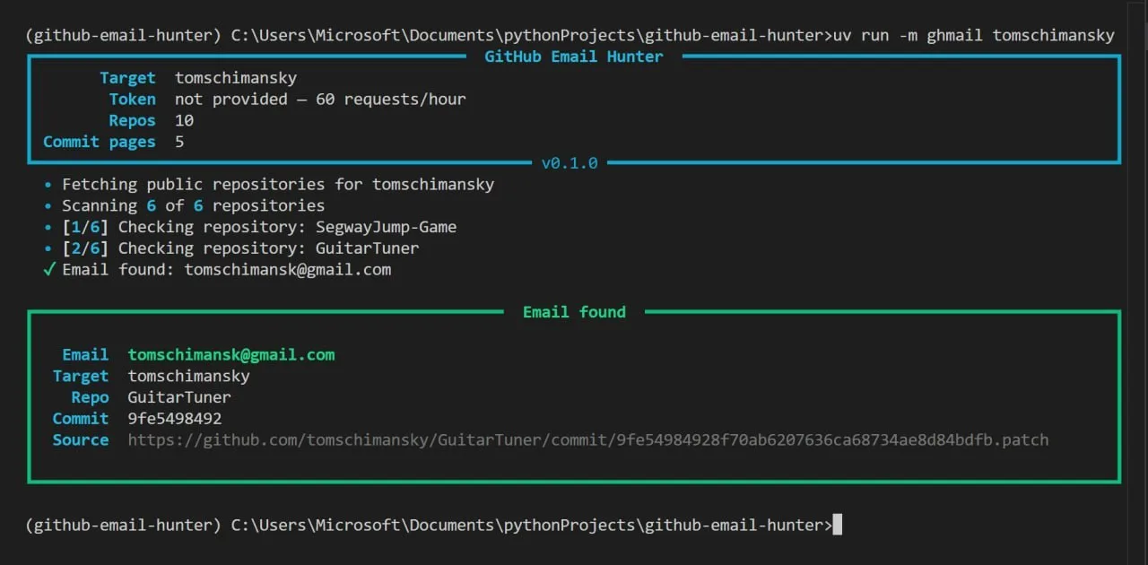 Github-email-hunter — найдите общедоступный адрес электронной почты пользователя GitHub...