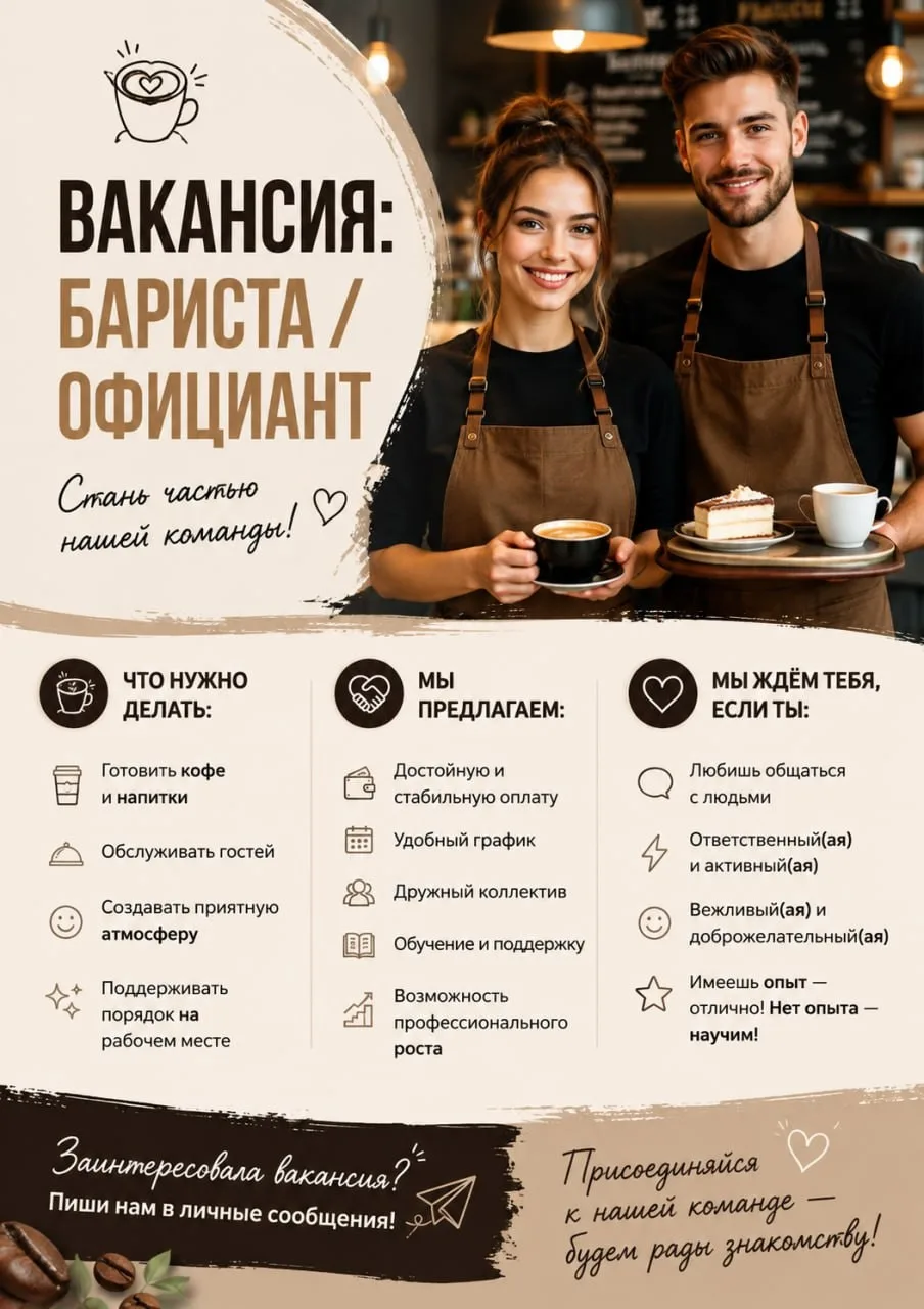 ☕️ ВАКАНСИЯ: БАРИСТА / ОФИЦИАНТ 🍰