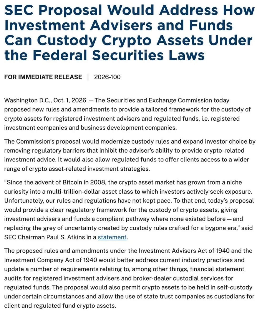SEC предлагает разрешить фондам и инвесткомпаниям самостоятельно хранить криптовалюту.