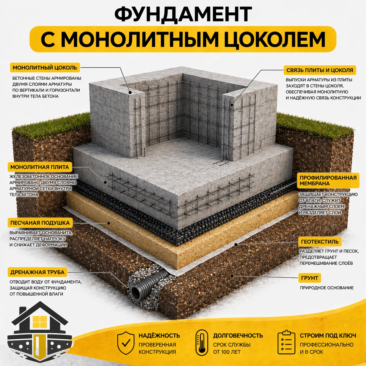 🏗 Фундамент с монолитным цоколем: когда он нужен?