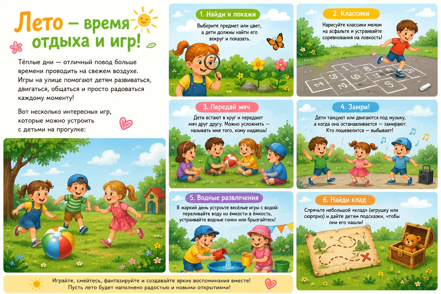 ☀️ Лето — время отдыха, ярких впечатлений и весёлых игр на свежем воздухе!

Тёплые солнечные дни дар
