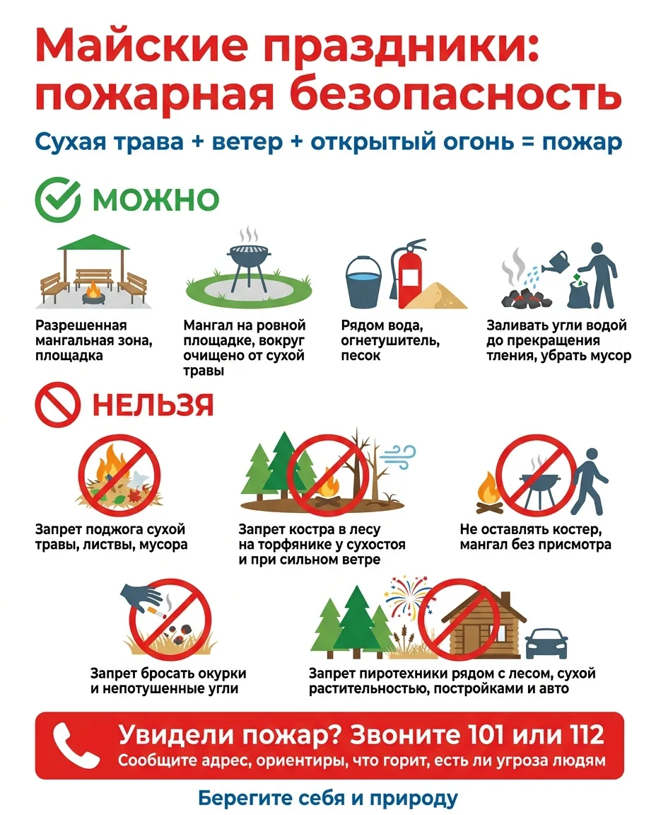 Внимание! МЧС предупреждает!  В майские праздники риск пожаров резко возрастает: сухая трава, ветер 