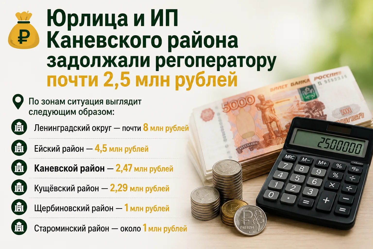 💰 Юрлица и ИП Каневского района задолжали регоператору почти 2,5 млн рублей

Региональный оператор 