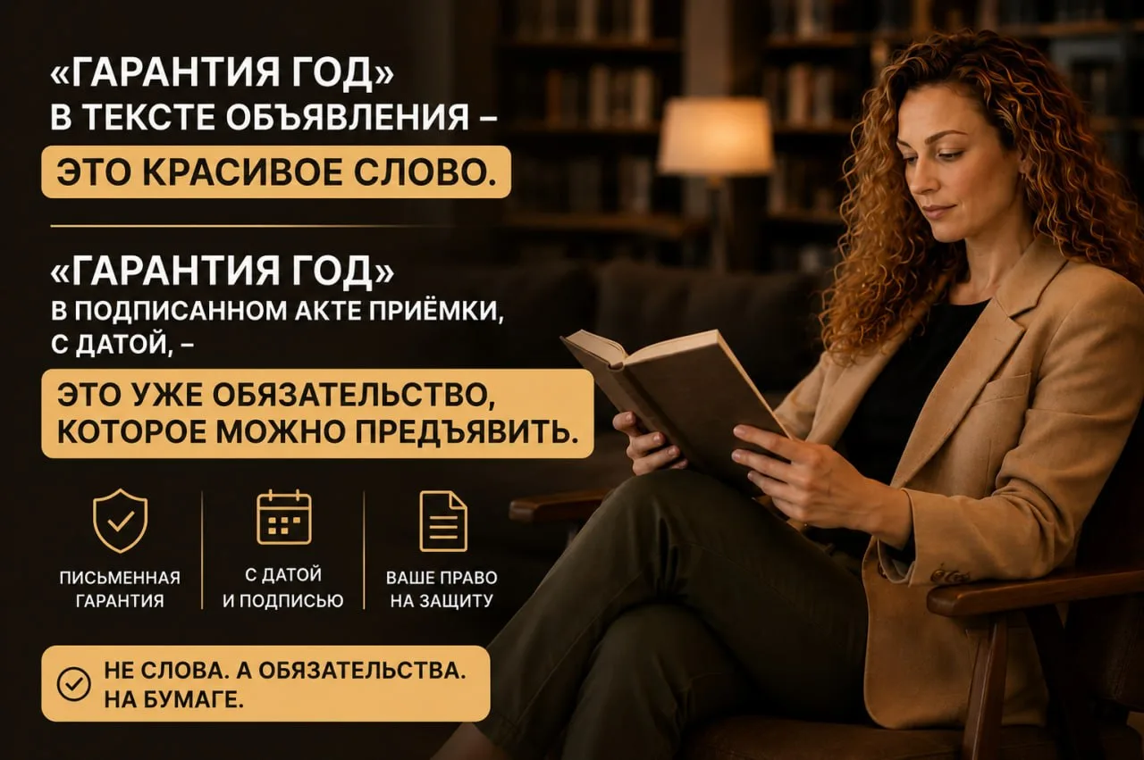 Одна и та же фраза в объявлении и в договоре весит по-разному. «Гарантия год» в тексте ...
