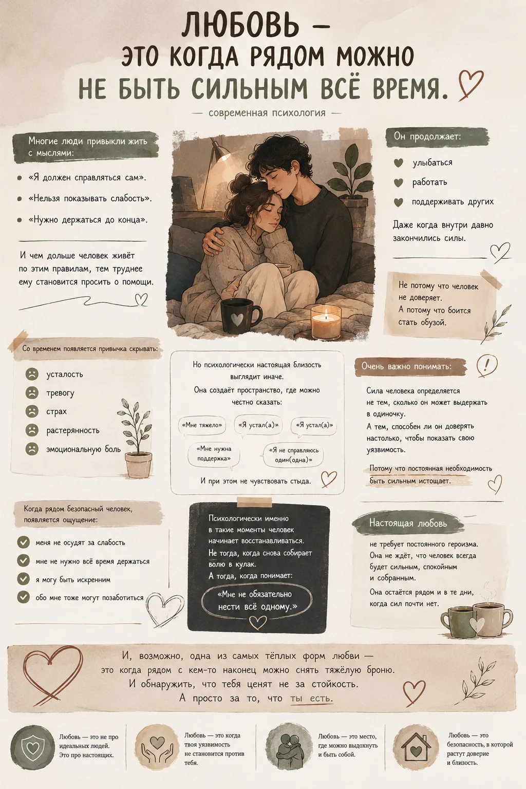 ✨ «Любовь — это когда рядом можно не быть сильным всё время.»
— современная психология
Многие люди п