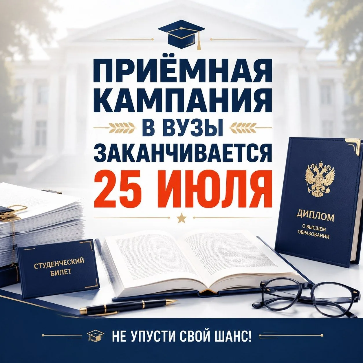 🎓 Выпускники!

25 июля — последняя возможность подать документы в вузы. Успейте подать документы и 