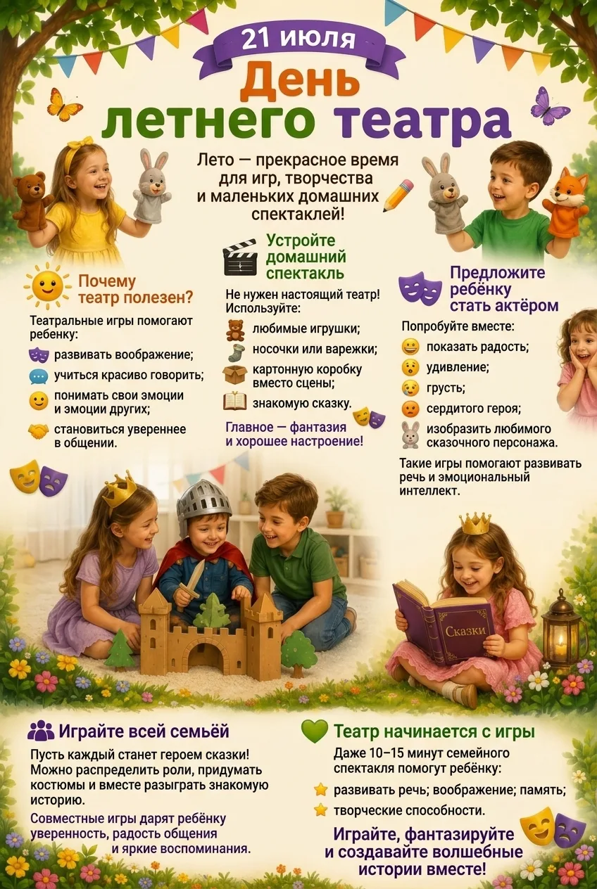 🎉 21 июля — День летнего театра! 🎉 

Лето — идеальное время, чтобы открыть для ребёнка волшебный м