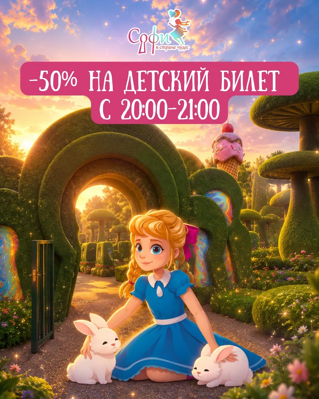 Последний час — в два раза выгоднее🔥

Приходите в парк «Софи в стране чудес» в последний час работы