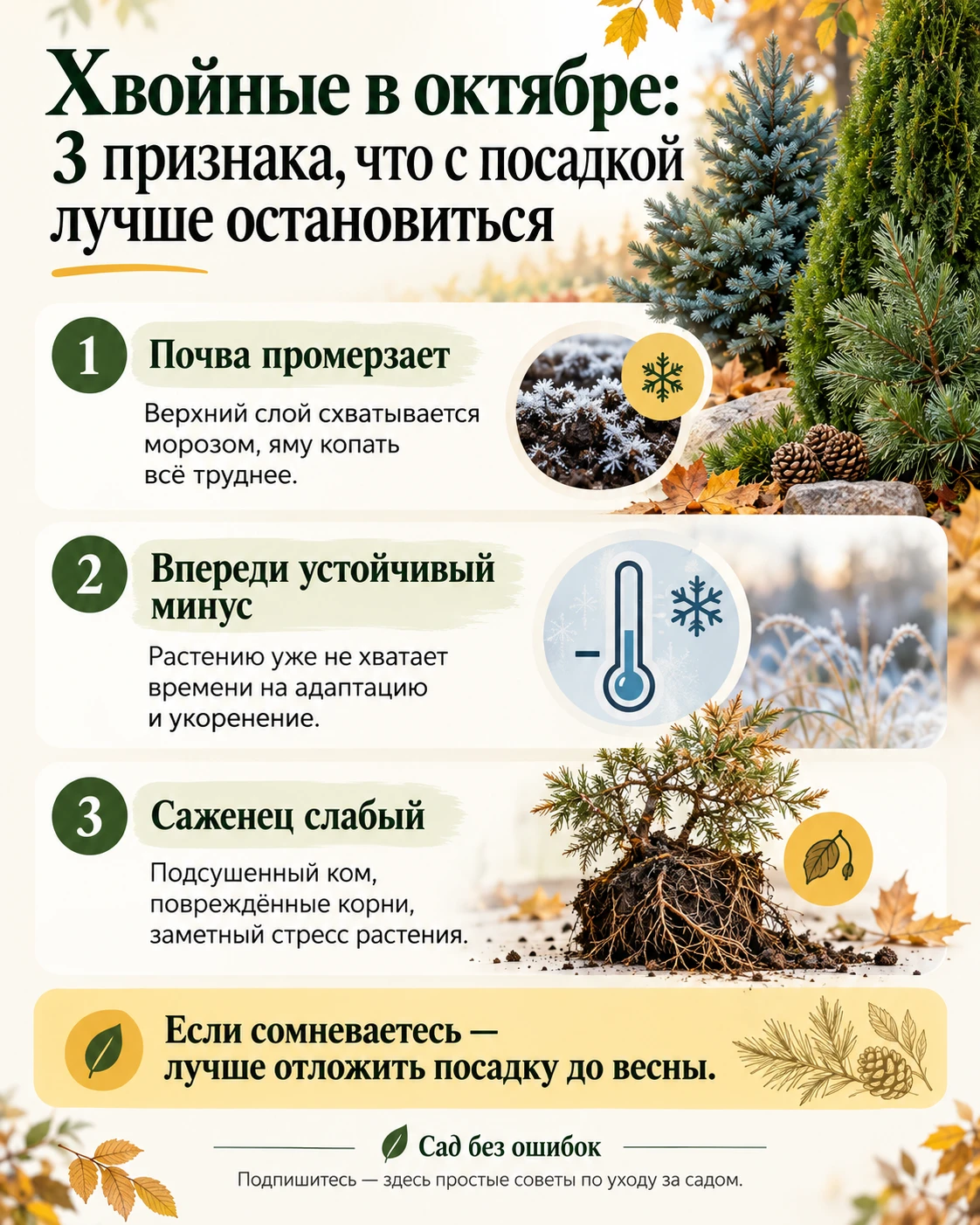 🌲 Хвойные в октябре: 3 признака, что с посадкой лучше остановиться