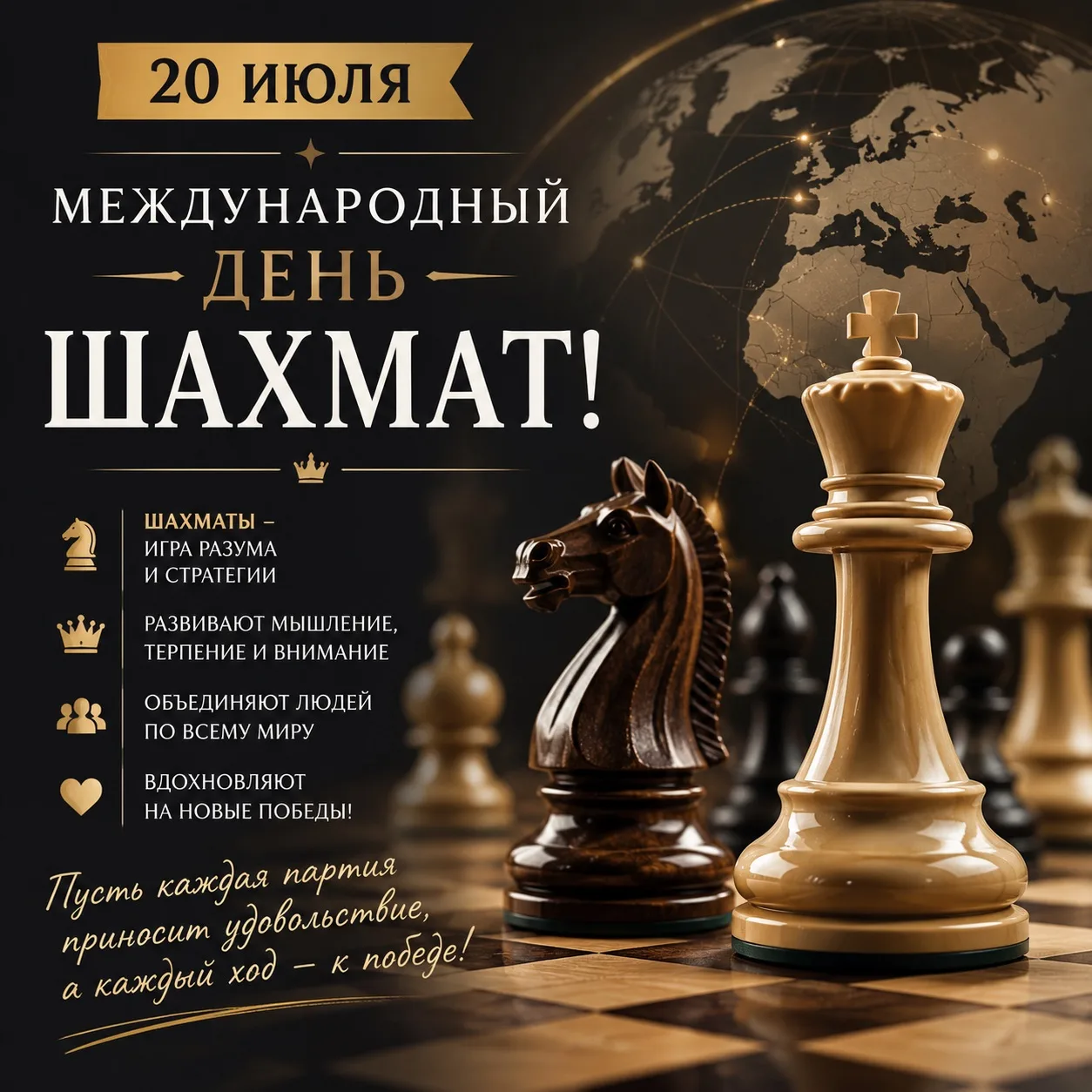 #Какойсегоднядень
20 июля – Международный день шахмат!

🎉 Шах и мат, господа хорошие! Сегодня фигур