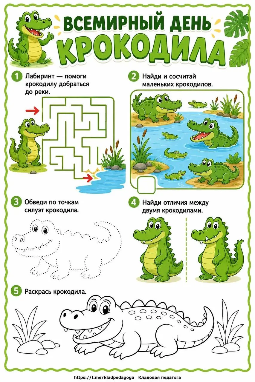 Рабочие листы ко Всемирному дню крокодила 🐊
Кладовая педагога✨
Жмите подписаться, чтобы не потерять