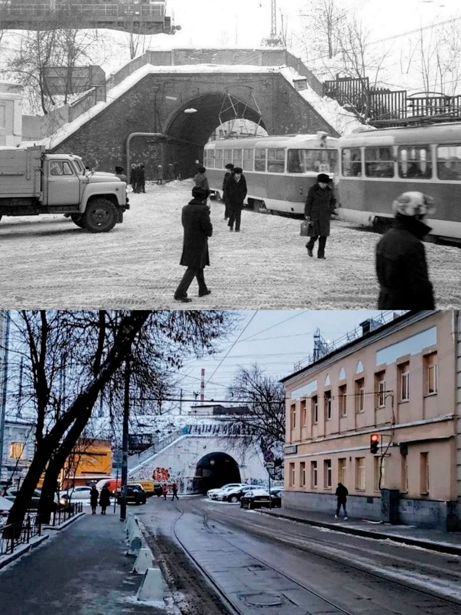📍Тоннель-переезд в Хлудовском переулке (он же с 1954 года Сыромятнический). 

1980/2023 год.

💡На 