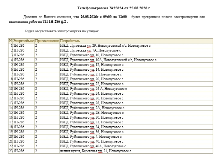 26.08.2026г. с 09:00 до 12:00 будет прекращена подача электроэнергии