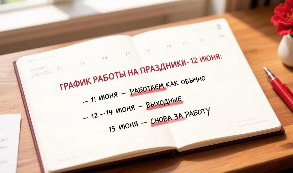График работы на праздники - 12 июня:
- 11 июня — работаем как обычно 
- 12–14 июня — выходные 
- 15