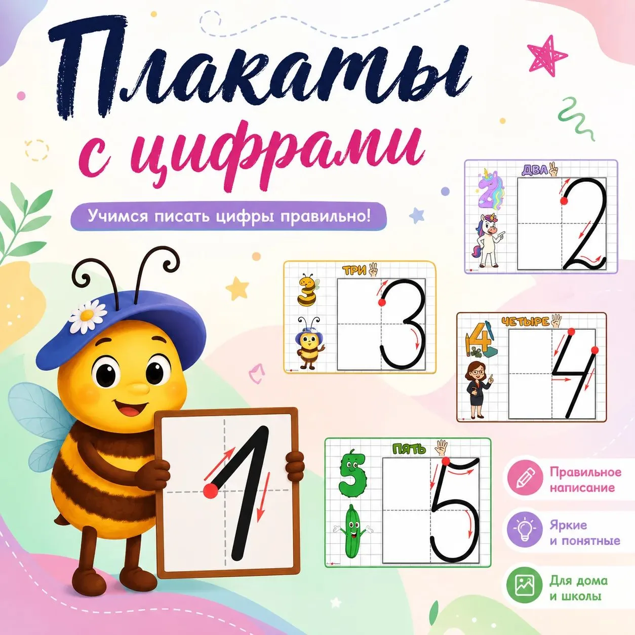 Плакаты с образцами цифр в четырех разных дизайнах: пчёлки, школа, фрукты и овощи, един...