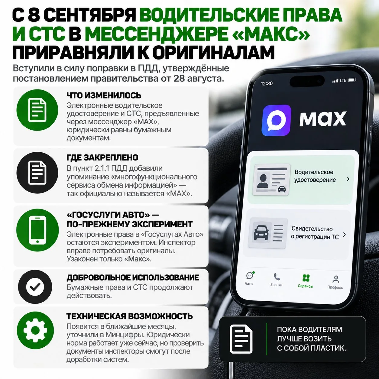 С 8 сентября водительские права и СТС в  мессенджере«Макс» приравняли к оригиналам