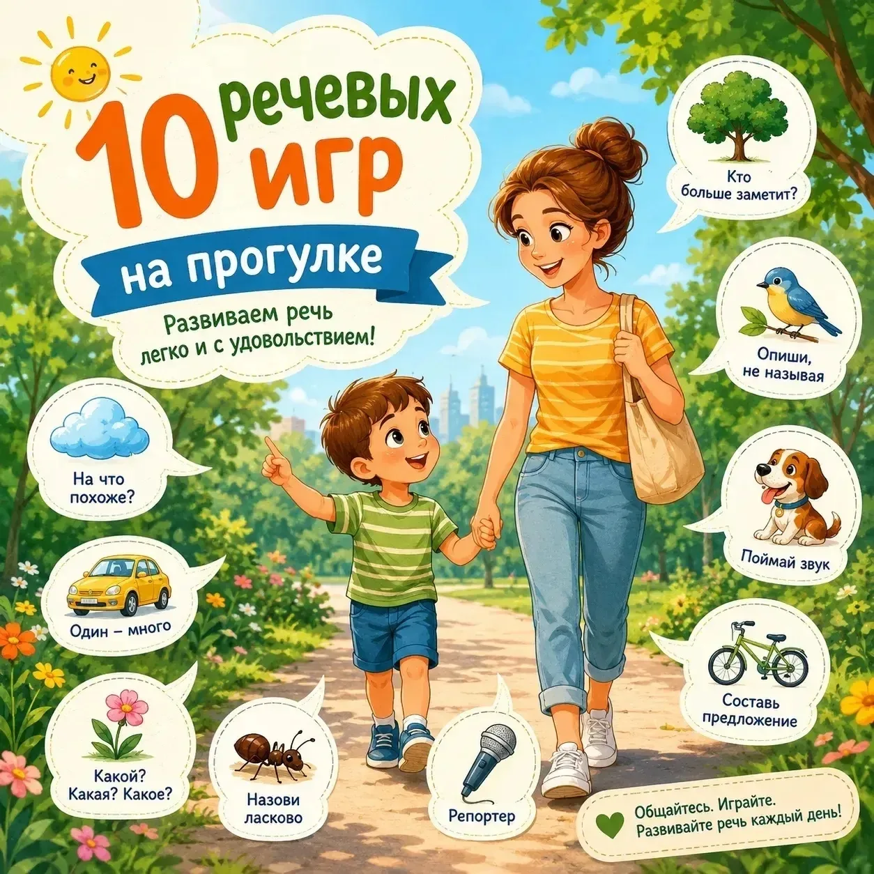 👍10 речевых игр на прогулке, которые помогут развивать речь детей

Лето — отличное время для развит