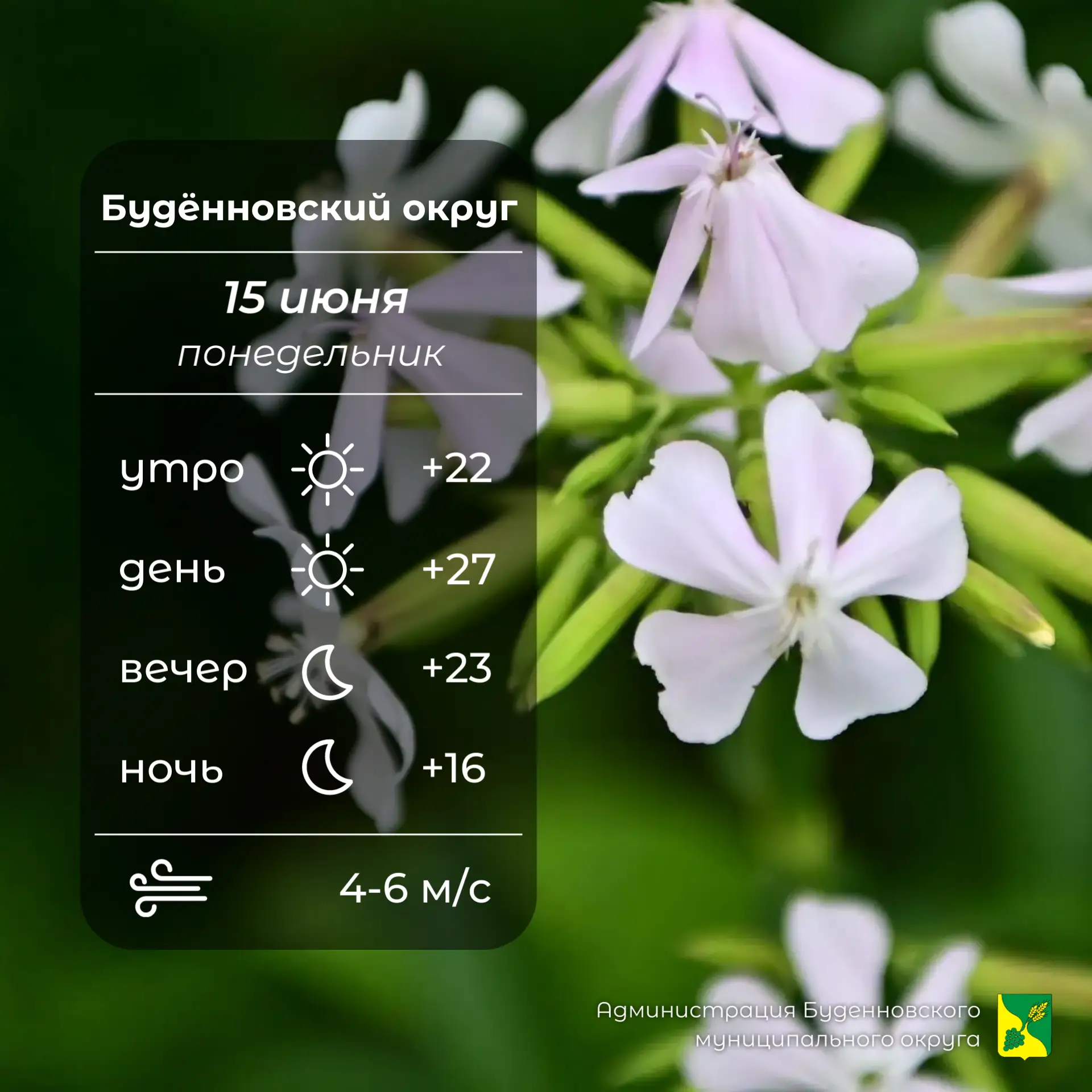 ☀️Сегодня в Буденновском округе малооблачно, без осадков. Температура воздуха +16…⁠+27°. Ветер 4-6 м