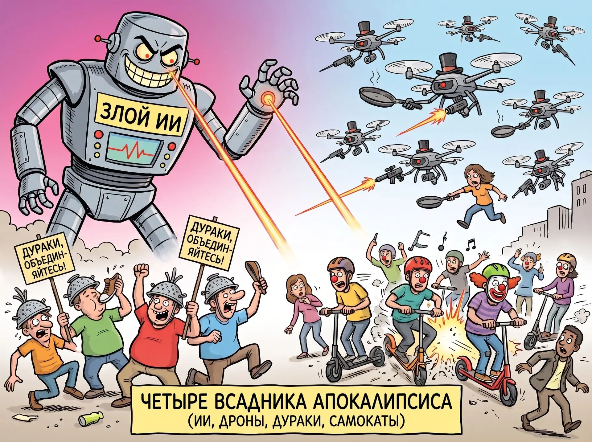 Существуют четыре вещи, которые способны погубить человечество — это ИИ, дроны, дураки ...