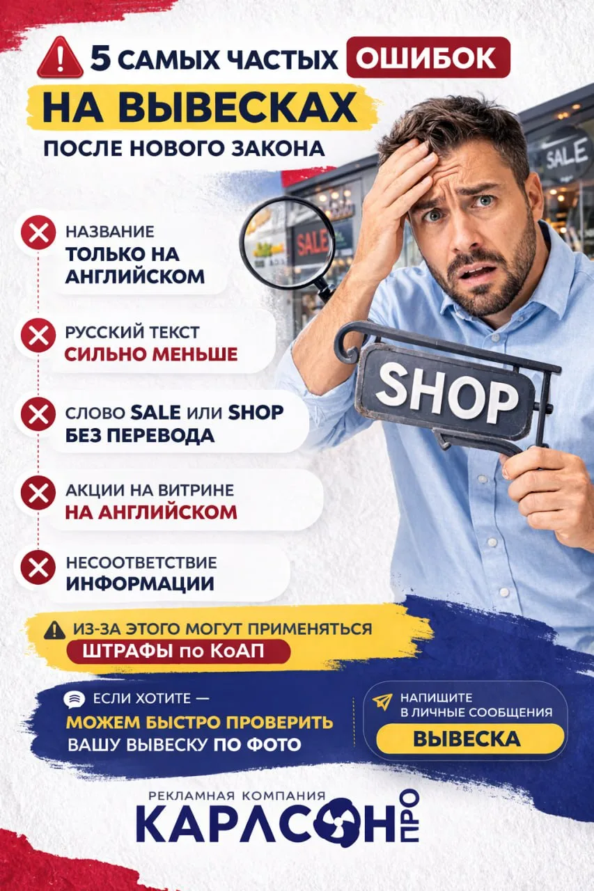 🚨 5 самых частых ошибок на вывесках после нового закона