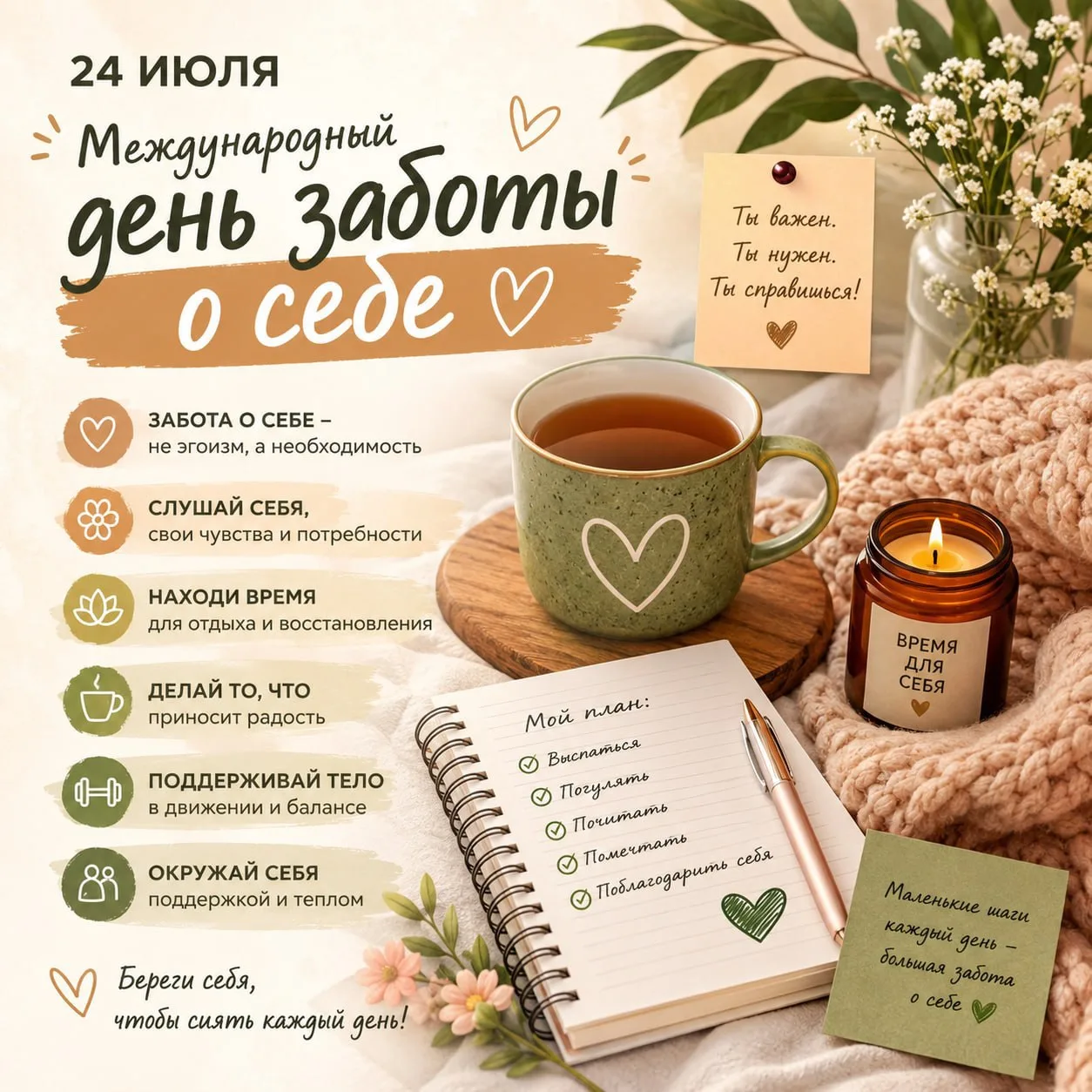 💚 24 июля - Международный день заботы о себе

В современном мире мы постоянно куда-то спешим: учимс