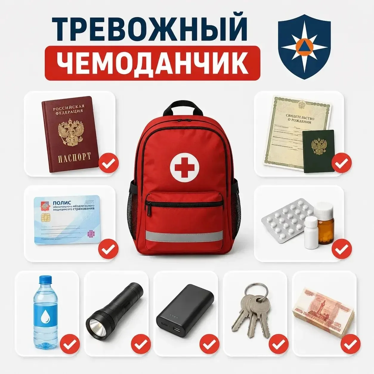 🎒 Что должно быть в тревожном чемоданчике

Подготовить его лучше заранее — в экстренной ситуации вр