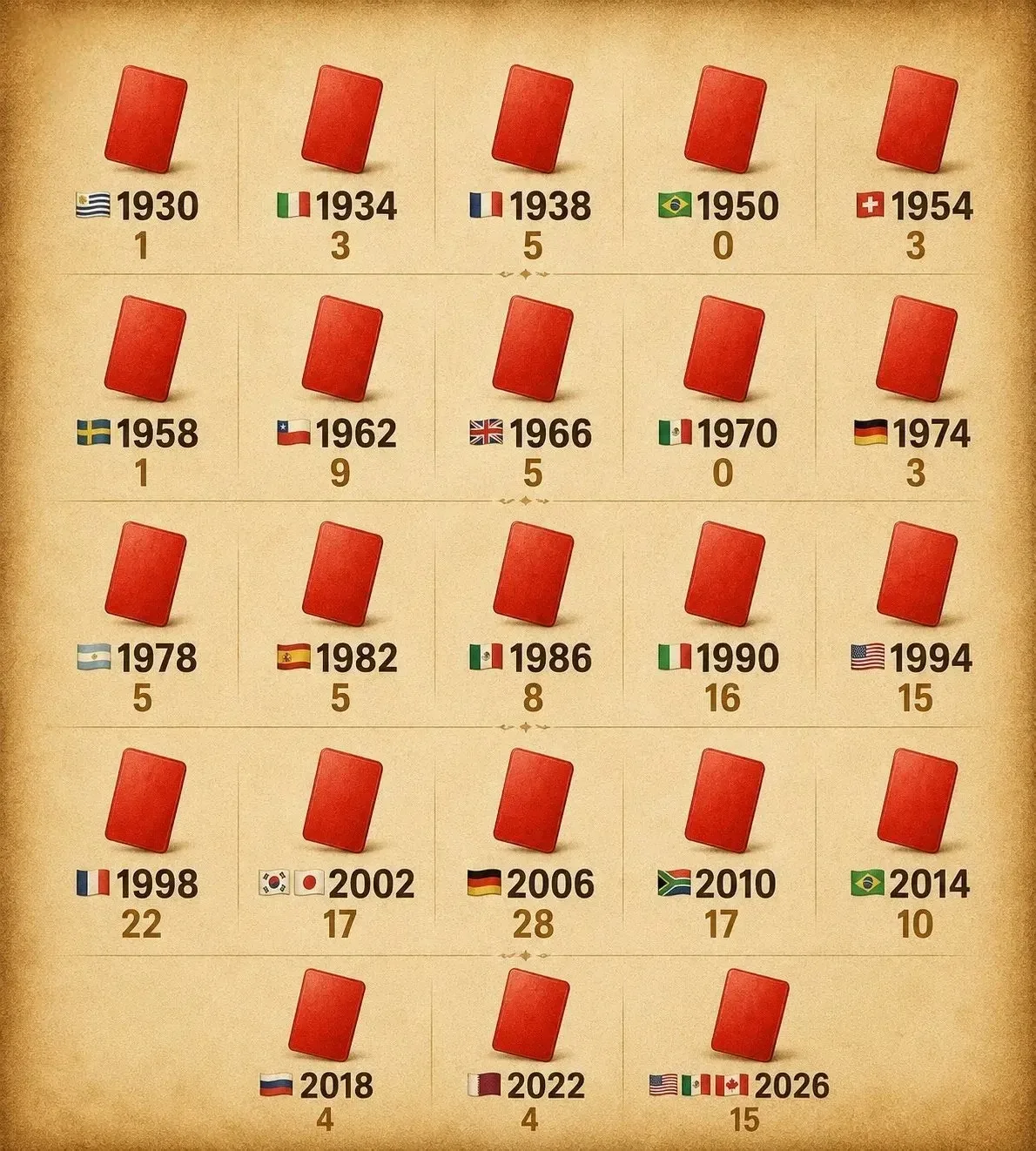 🟥 Все красные карточки, показанные на чемпионатах мира с 1930 по 2026 год