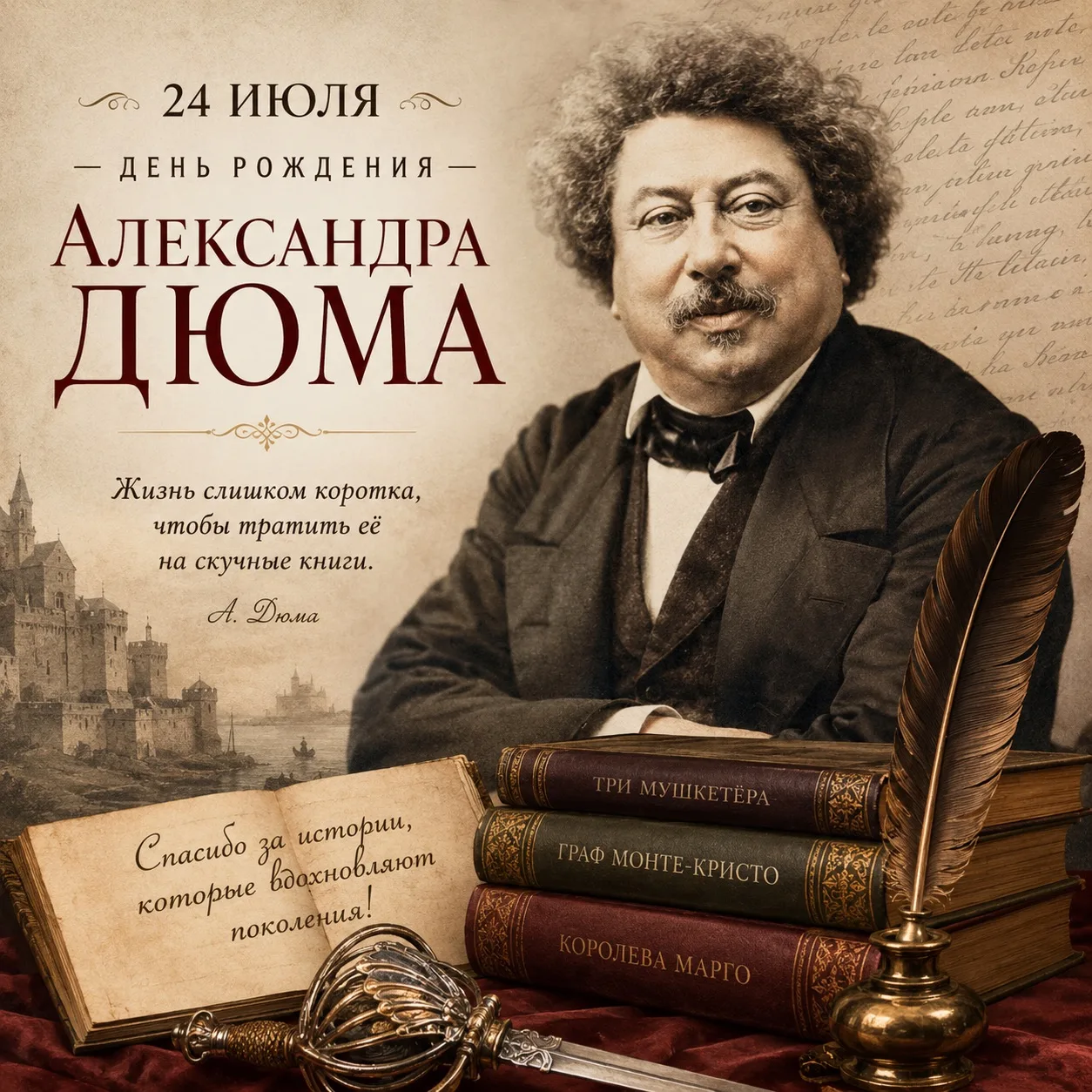 🎉 Великий Александр Дюма: Мастер приключений и историй.

📚 📅 24 июля – эта дата навеки связана с 