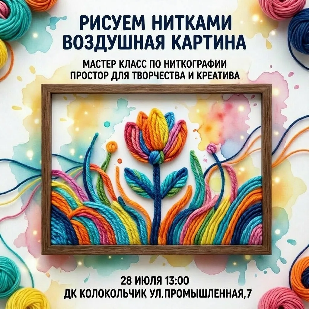 Дк Колокольчик приглашает на творческий мастер-класс по ниткографии, который пройдет 28 июля в ДК «К