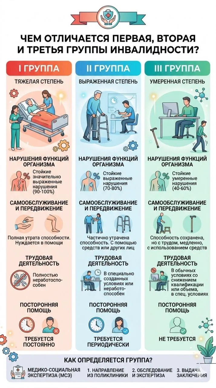 🔎 Чем отличается первая, вторая и третья группы инвалидности?

1⃣ Первая группа

Самая тяжёлая кате