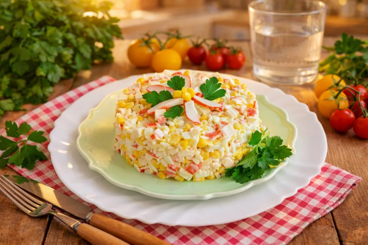 САЛАТ С КРАБОВЫМИ ПАЛОЧКАМИ, РИСОМ И ЯЙЦОМ