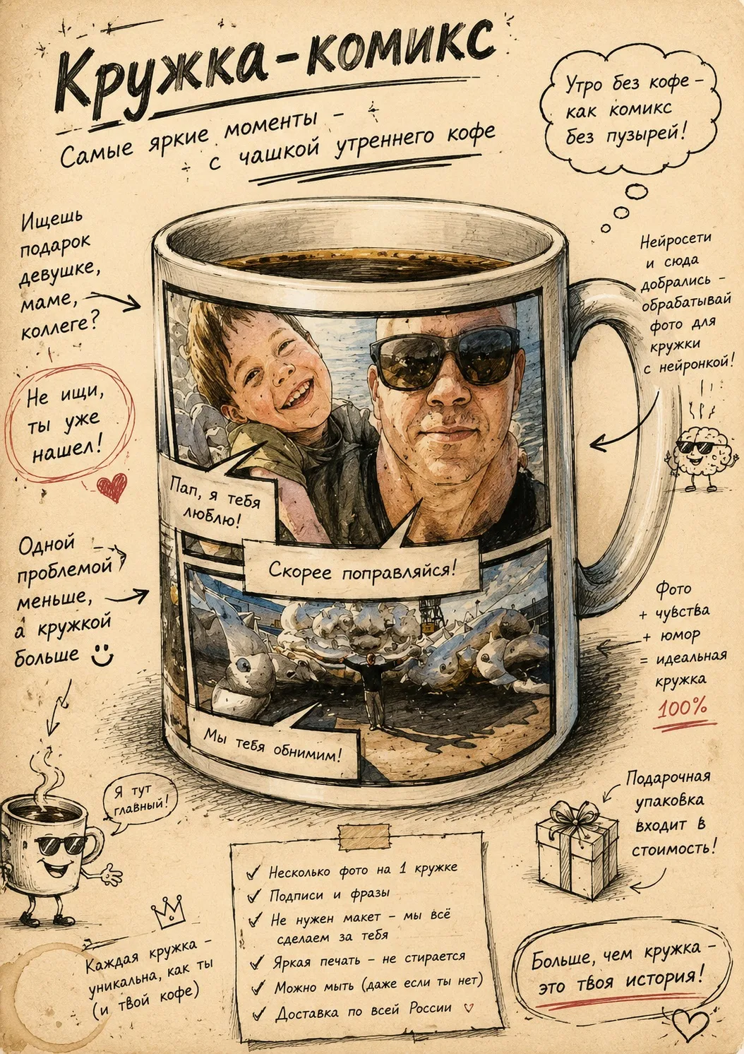 Наши кружки-комиксы — это маленькая история о человеке.