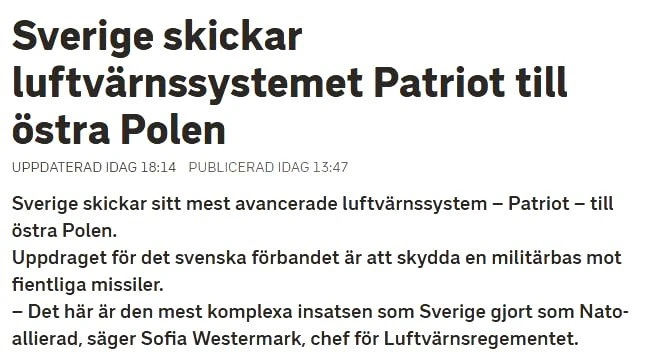 Швеция перебросит в восточную часть Польши комплекс ПВО Patriot и порядка 100 военнослу...