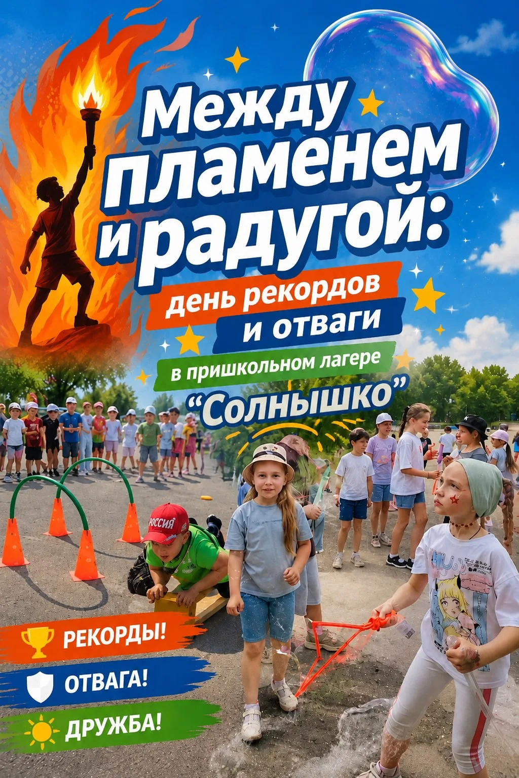 📚 «Между пламенем и радугой: день рекордов и отваги в пришкольном лагере "Солнышко"» 👨‍🚒🧼✨

10 и