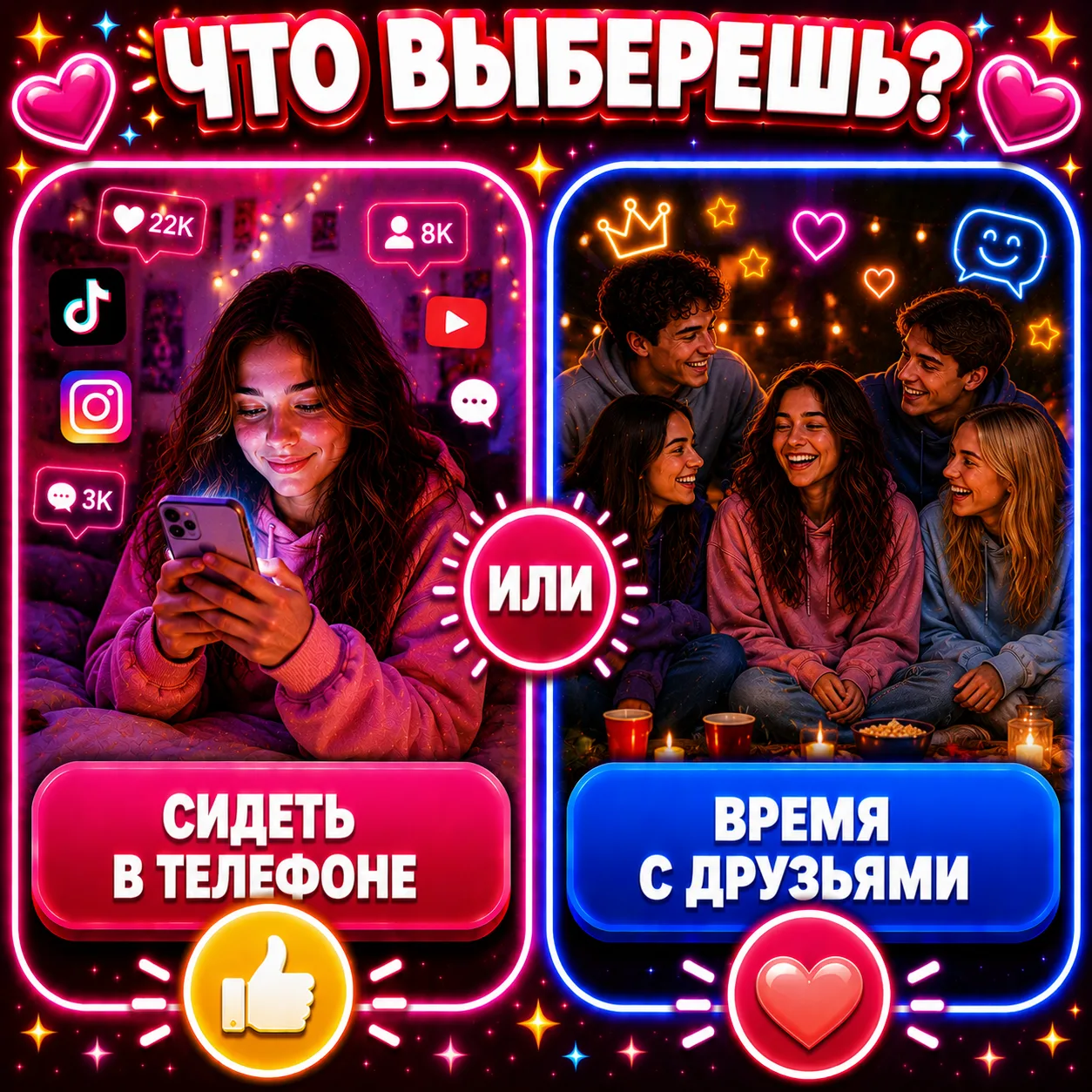 Сидеть в телефоне одной или проводить время с друзьями?