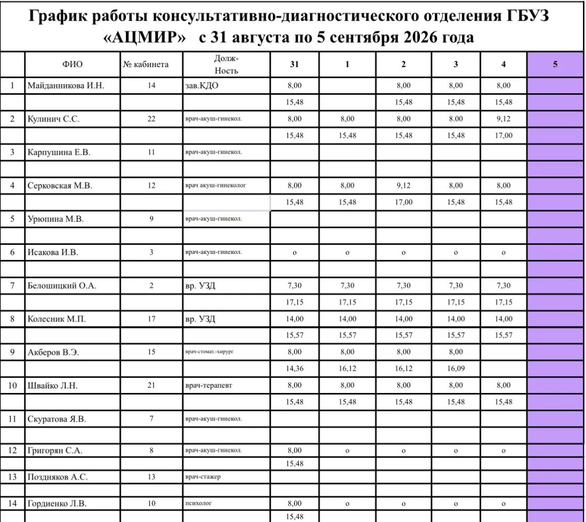 График работы ЖК с 31 августа по 5 сентября 2026 года