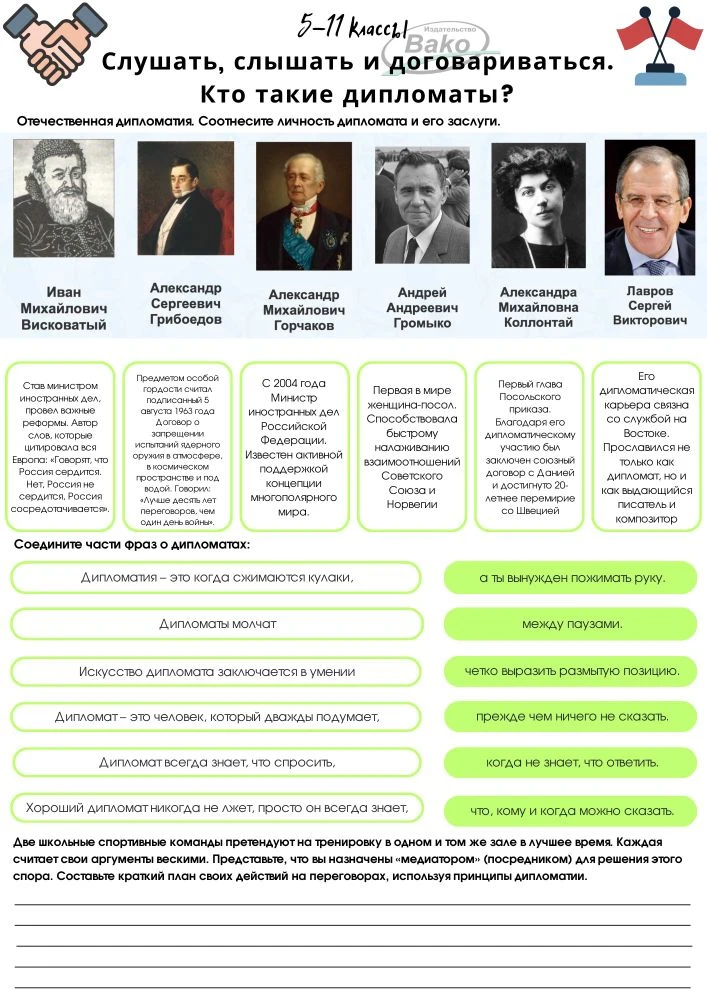 ❤ Рабочие листы «Разговоры о важном» «Слушать, слышать и договариваться. Кто такие дипломаты?». Для 