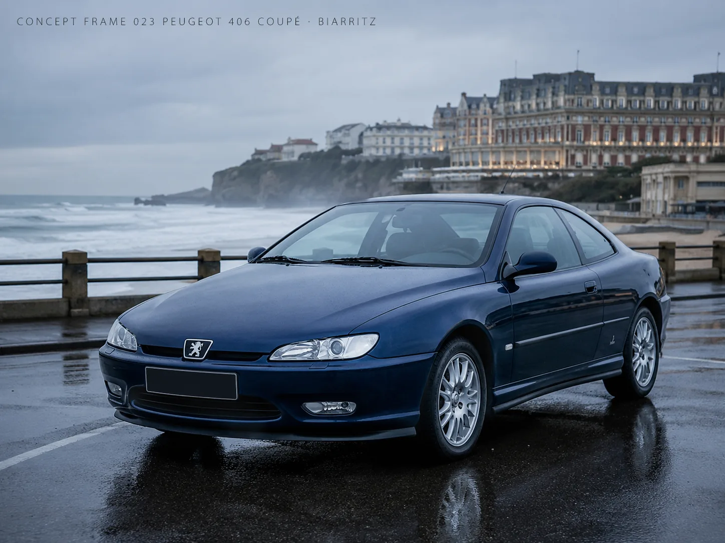 Peugeot 406 Coupé в цвете Bleu Byzance на набережной Биаррица. Спокойный атлантический ...
