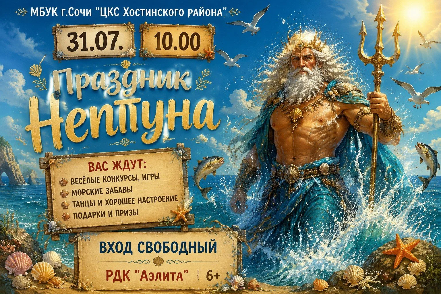 Друзья! 🧜‍♂️🧜‍♀️🔥 Приглашаем всех ребят на театрализованную игровую программу «Праздник Нептуна»!