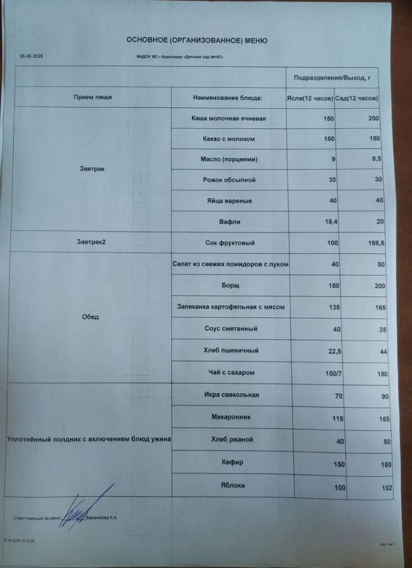 Меню 26.06