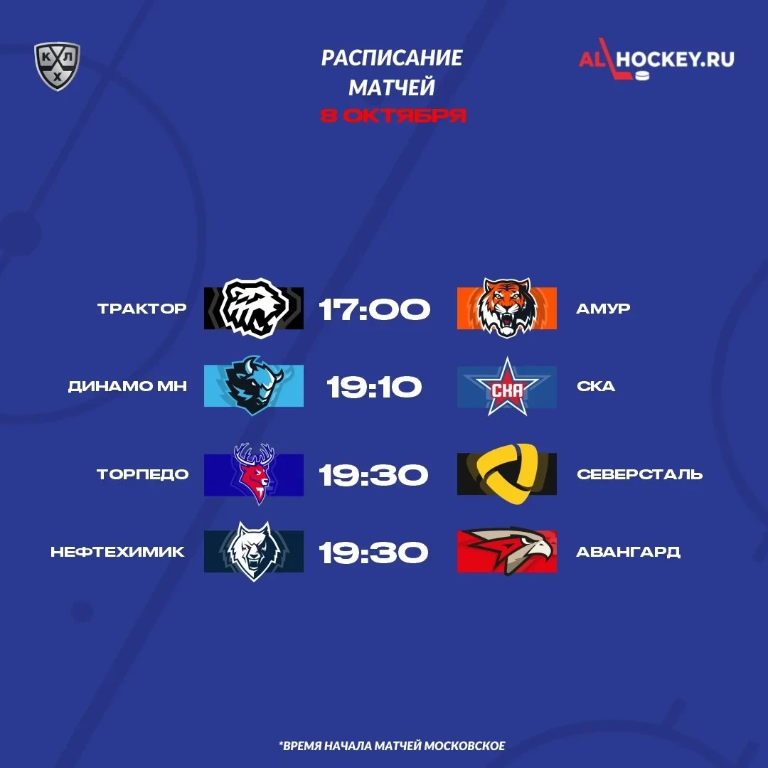 🗓 Расписание матчей игрового дня в регулярном чемпионате КХЛ 🏒