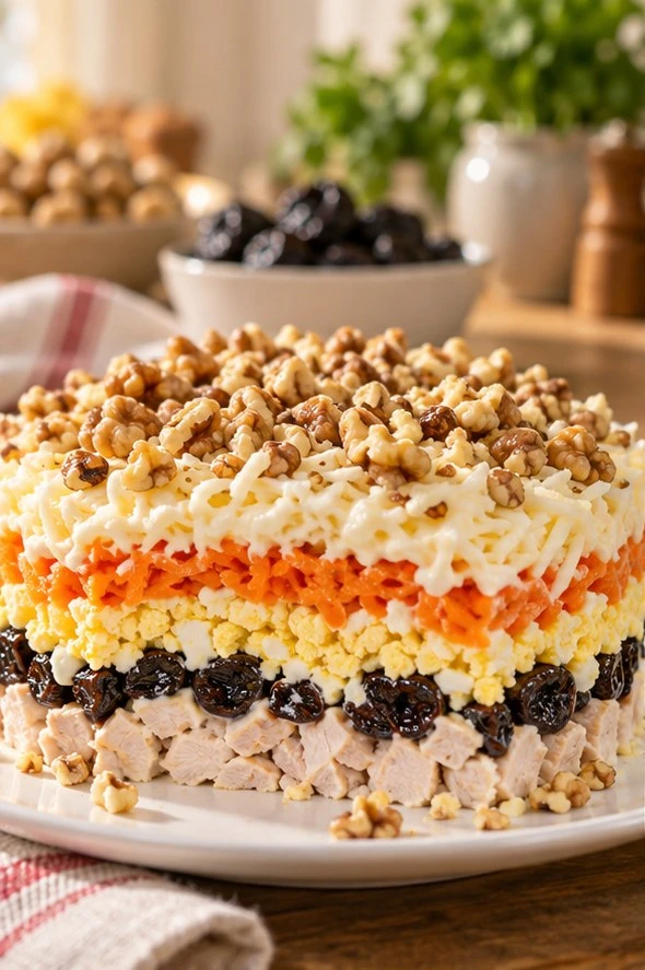 ЕСЛИ КУСОК ЧЕРНОСЛИВА КРУПНЕЕ КУБИКА КУРИЦЫ, ОН ТЯНЕТ МАЙОНЕЗ ВНИЗ И КРАСИТ САМОЕ ДНО