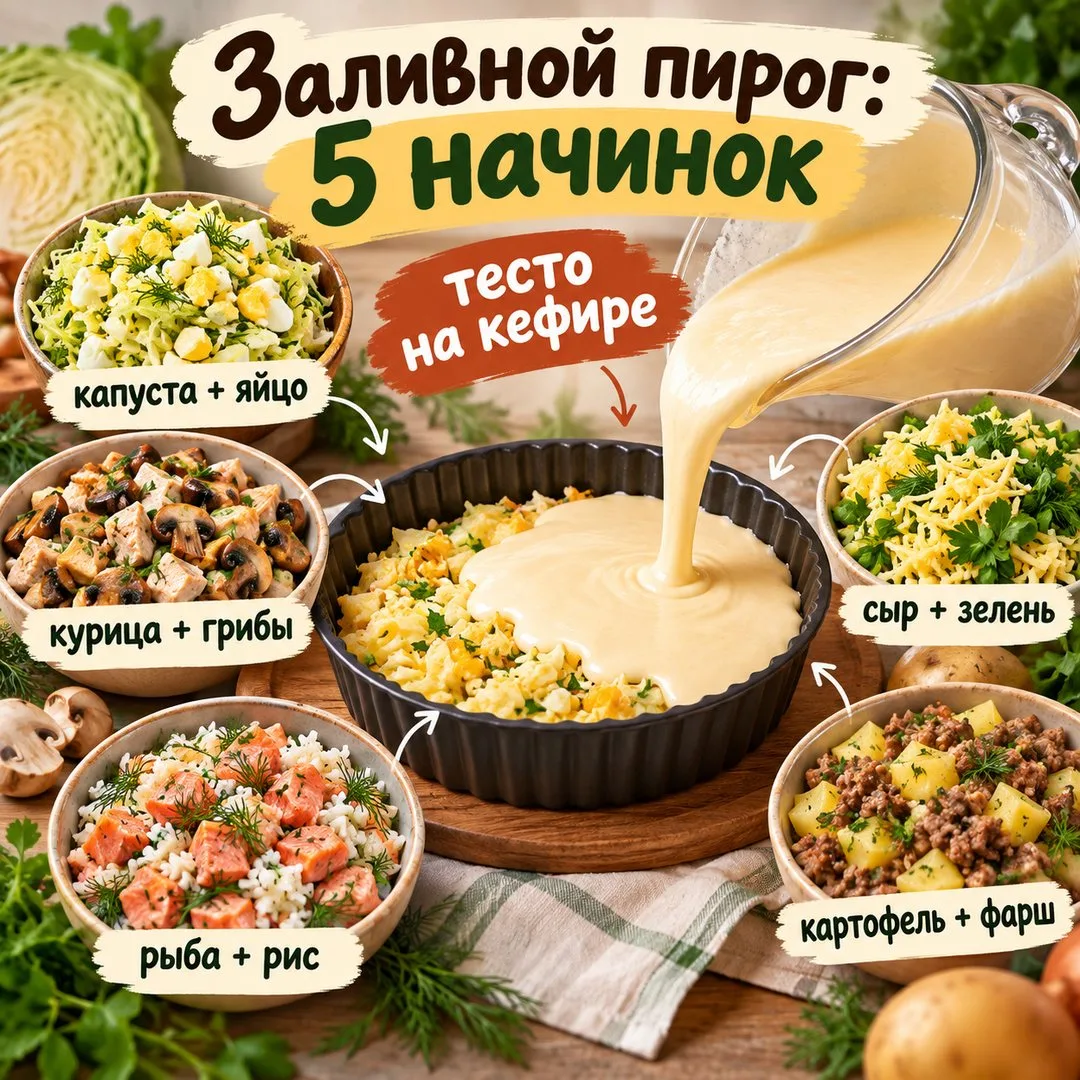 🥧 ОДИН ЗАЛИВНОЙ ПИРОГ — ПЯТЬ РАЗНЫХ НАЧИНОК
