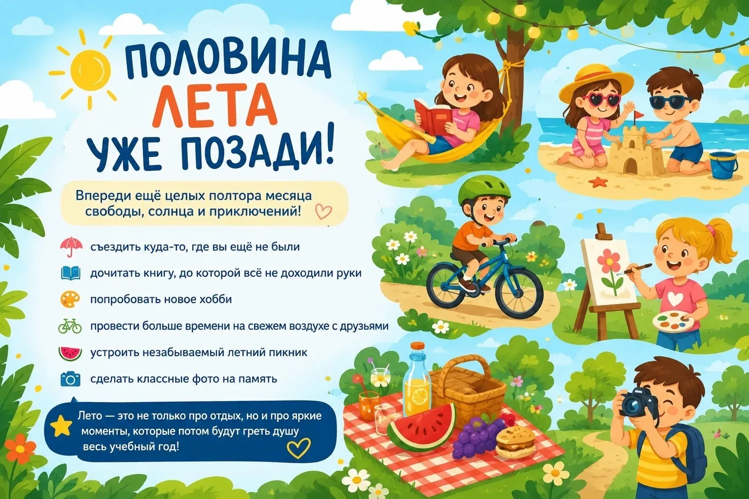 ☀️  Половина лета уже позади!
Незаметно пролетела первая половина летних каникул — а значит, самое в