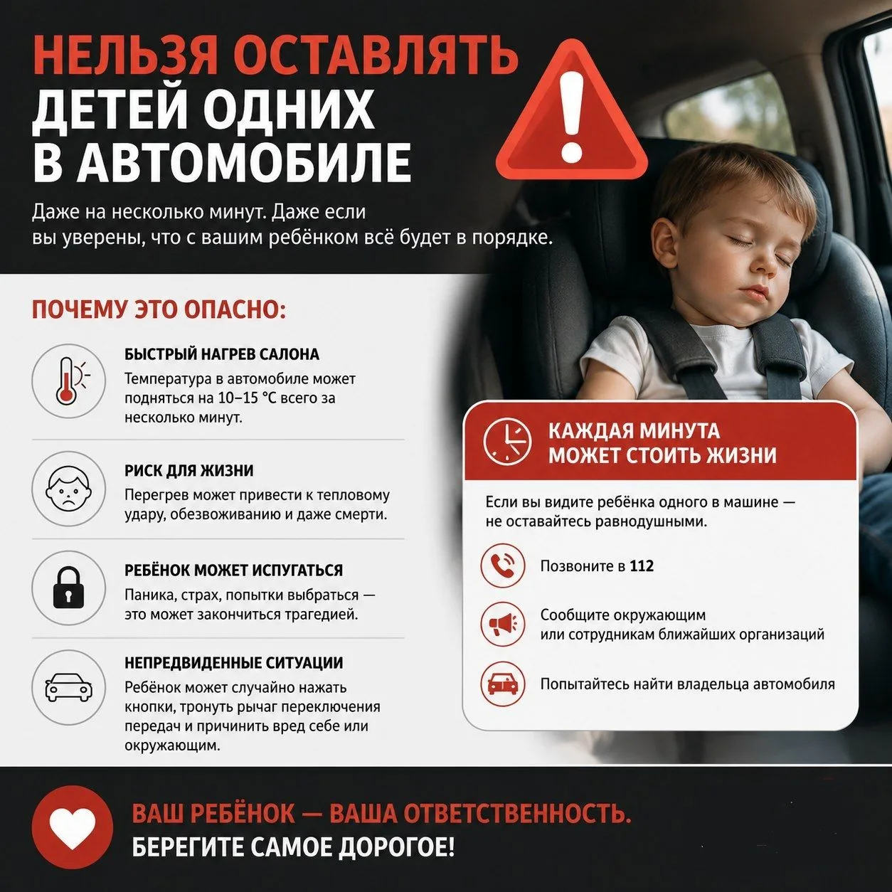 Не оставляйте ребёнка одного в машине 

Вот почему это нельзя делать НИКОГДА:

1. Салон автомобиля н